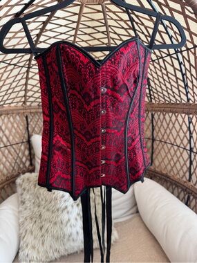 Adore Me Red and Black Lace Corset Small